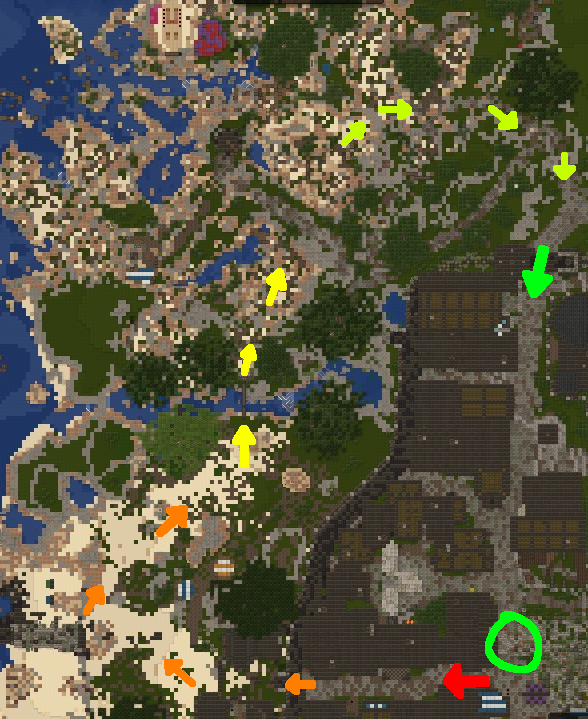A screenshot of the Avalore Dynmap with coloured arrows on it.