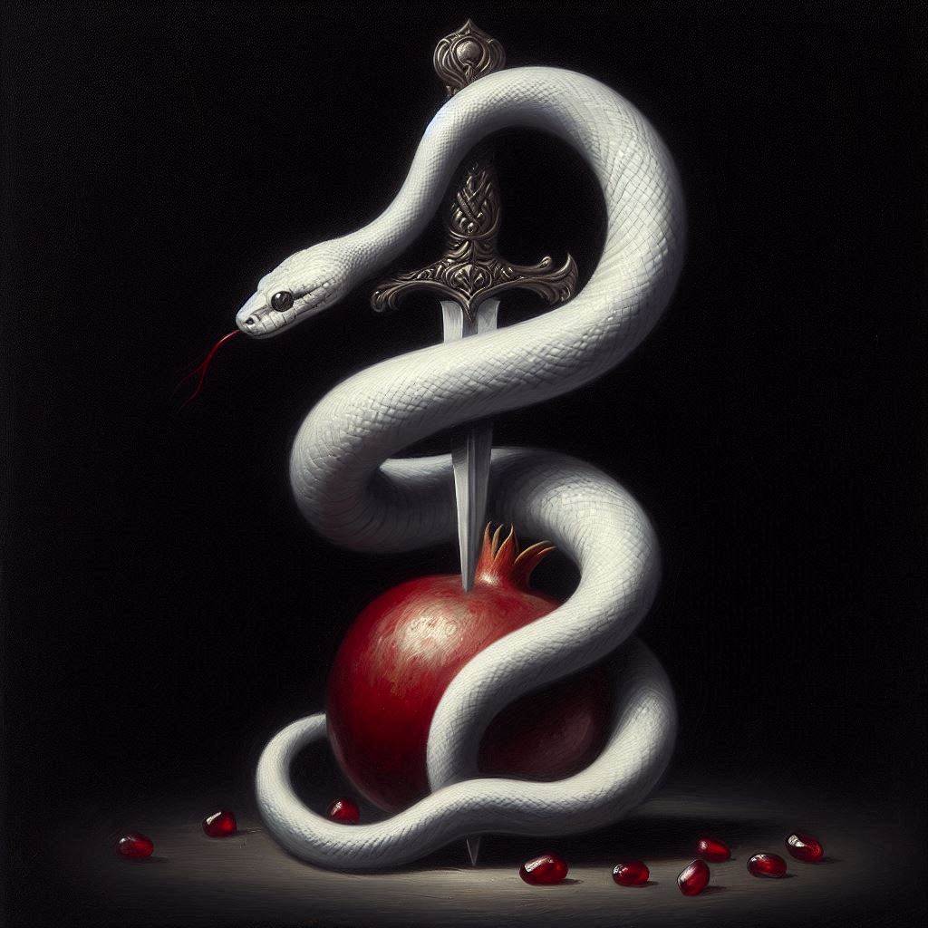 This may contain: a painting of a snake and flower on a black background