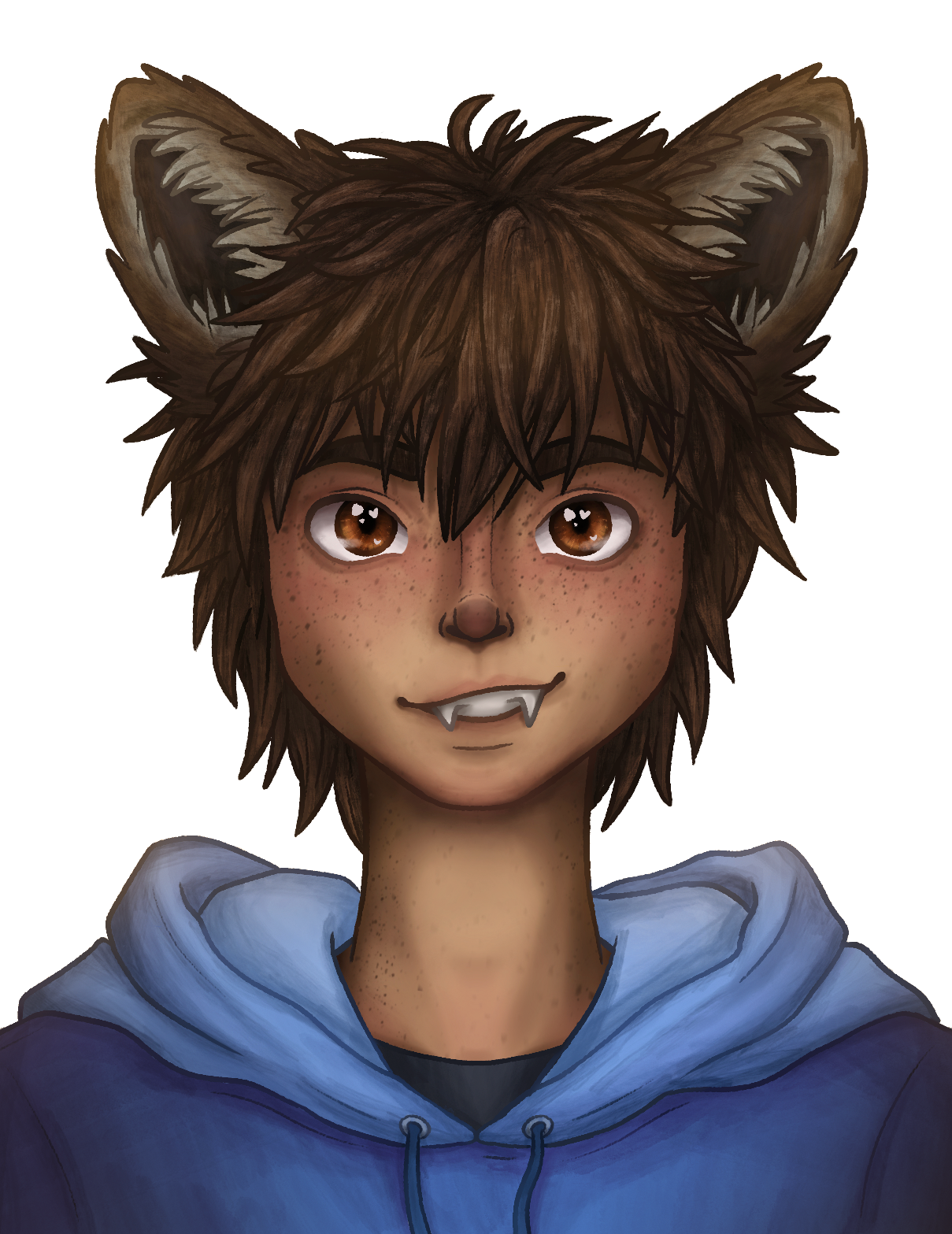 A digital drawing of a young man with dark brown hair, brown eyes, and fluffy wolf ears.