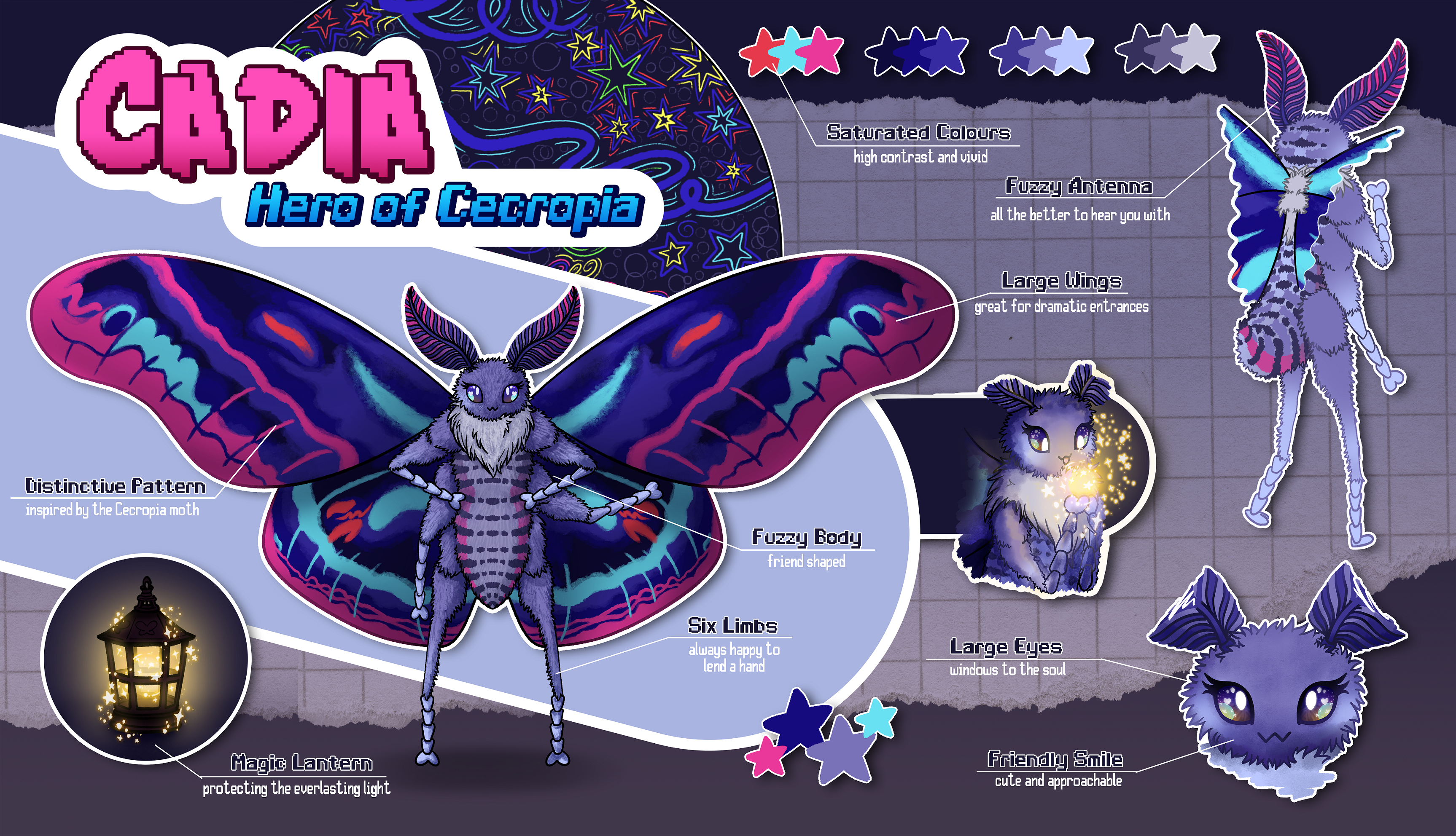 An 80s themed character sheet for an anthropomorphic superhero moth.