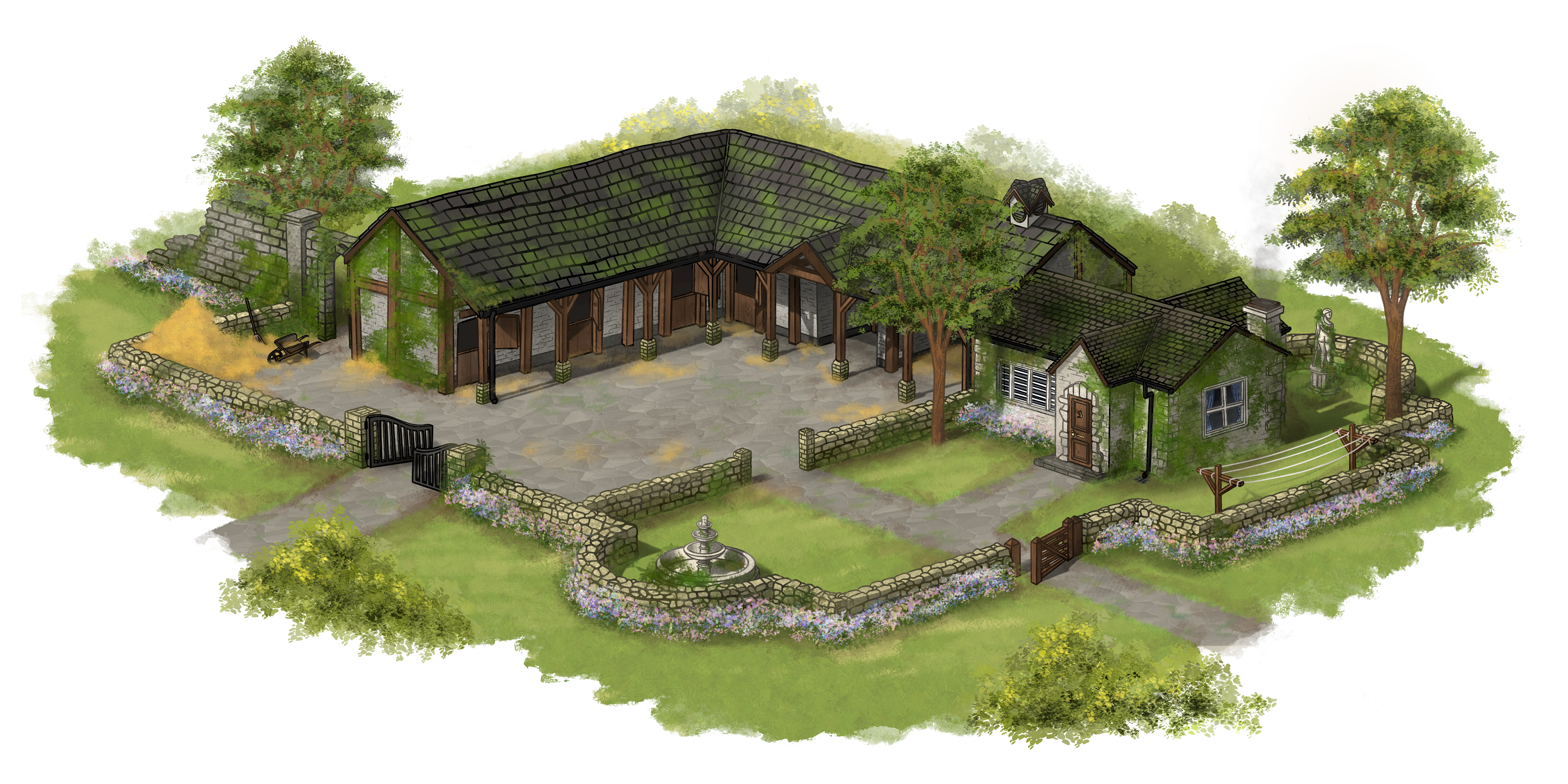 A digital rendering of an old stableyard with an attached cottage.