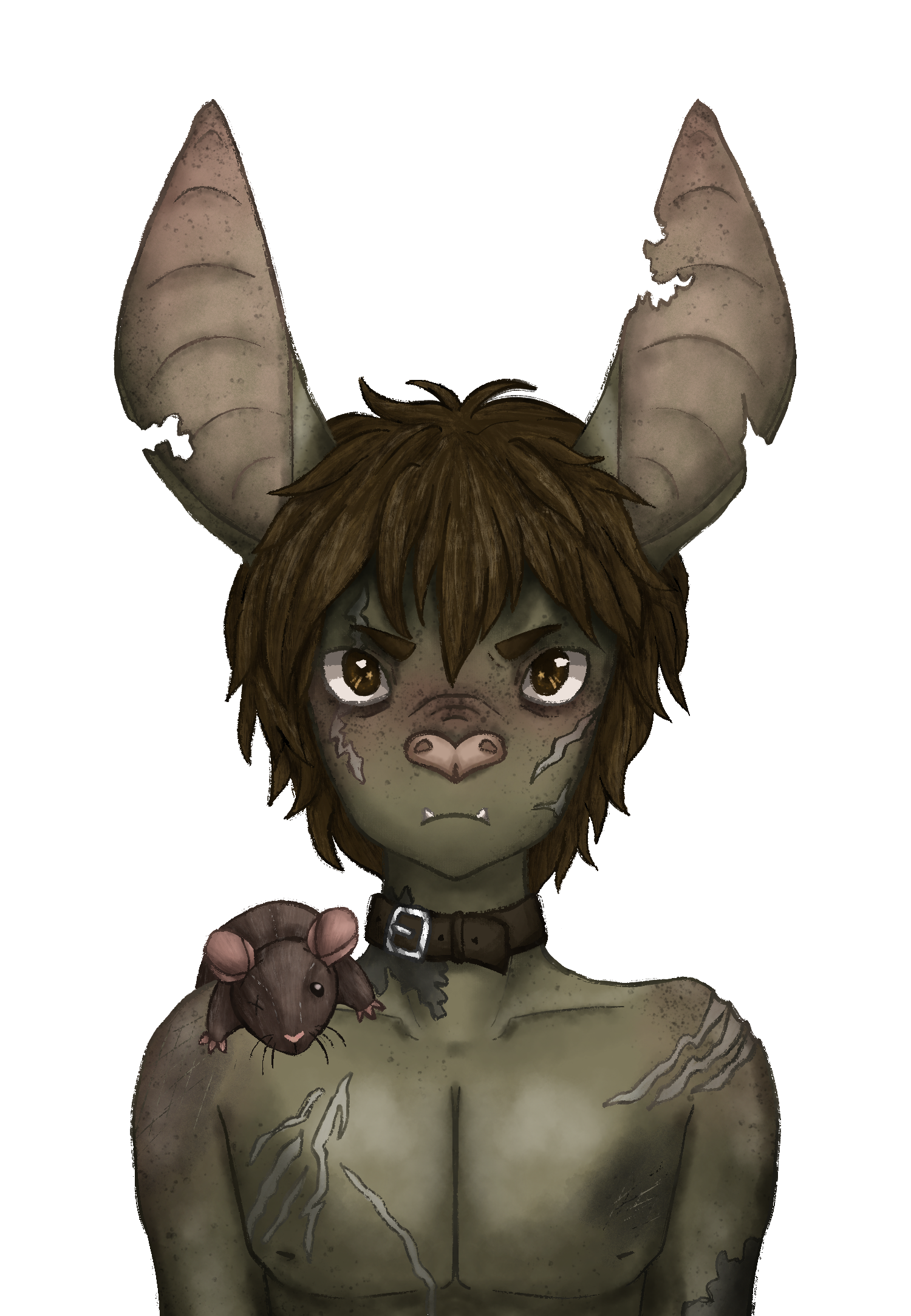 A digital drawing of a goblin boy with brown hair and a stuffed toy rat on his shoulder.