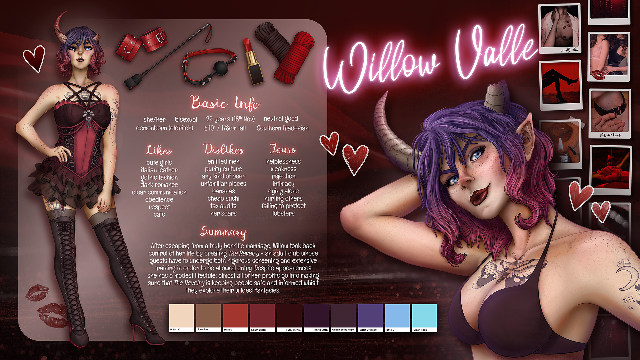 A character reference sheet for a female tiefling in a modern setting.