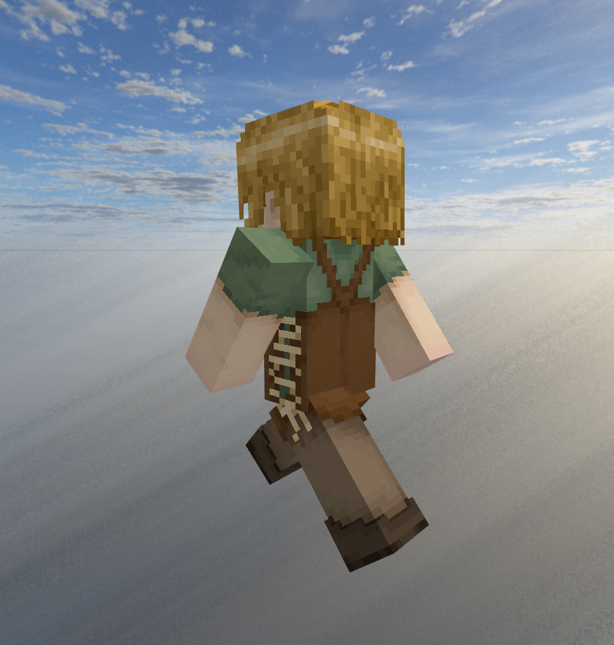 A screenshot of Arden's minecraft skin from behind against a realistic sky backdrop.