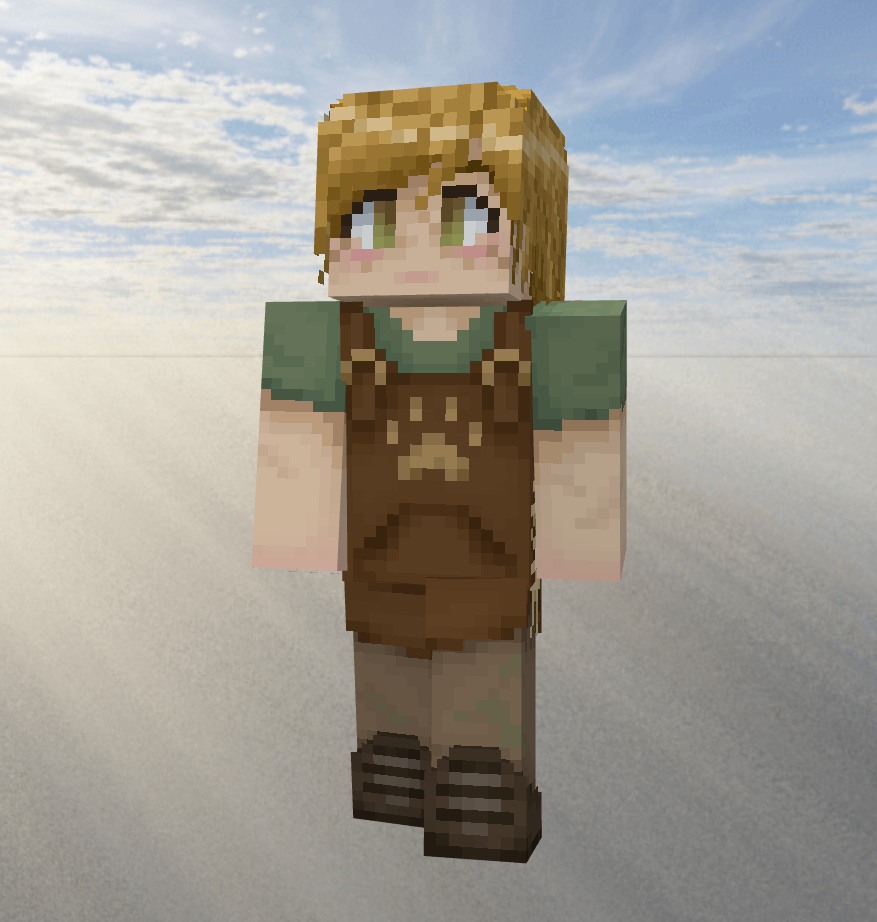 A screenshot of Arden's minecraft skin against a realistic sky backdrop.